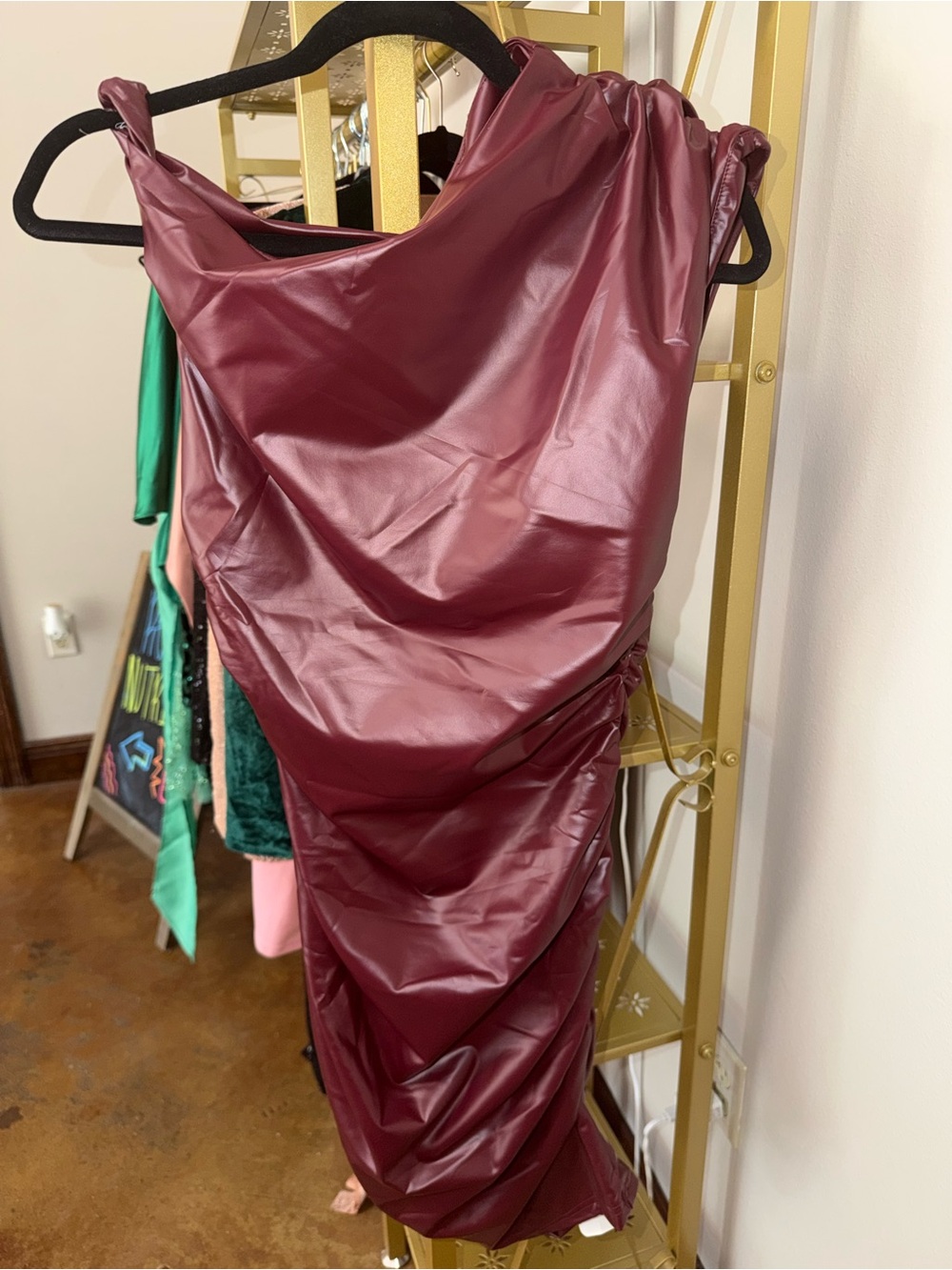 Burgundy Faux Leather Ruched Bodycon Dress